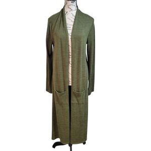 Agnes Dora Olive Green Long Duster Cardigan Women's M Open Front Knit Pockets